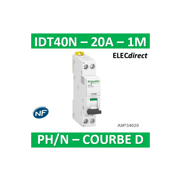 Schneider - Acti9 iDT40N - disjoncteur modulaire - 1P+N D 20A 6000A/10kA - A9P34620