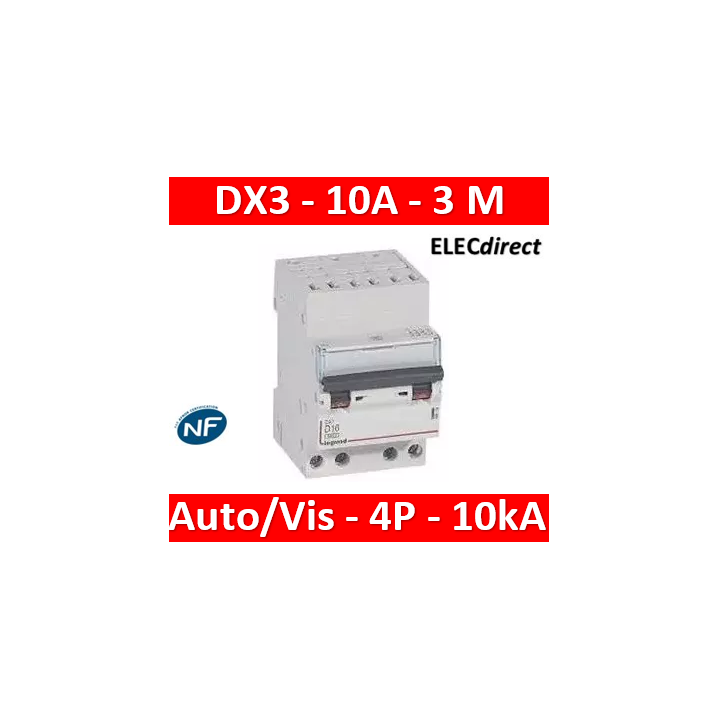 Legrand - Disjoncteur DX³ 6000 - auto/vis- 4P- 400V - 10A - courbeC-peigne HX³ opti 4P - 3M - 407913