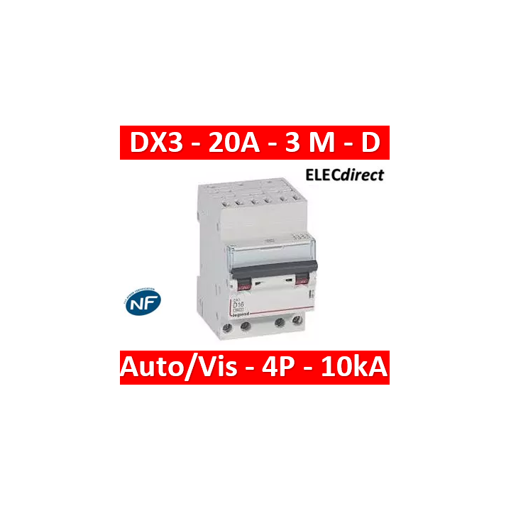 Legrand - Disjoncteur DX³ 6000-auto/vis-4P-400V~-20A-10kA-courbe D-peigne HX³ opti 4P - 3M - 408134