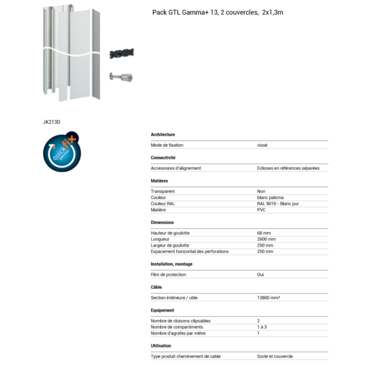 Hager - Kit GTL 13 Modules - 2 couvercles - 2x1,3m - Réf : JK213D