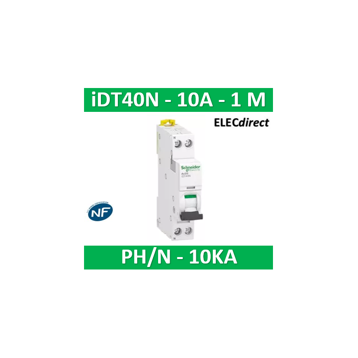 Schneider - Acti9 iDT40N - Disj - 1P+N - 10A - Courbe C - 6000A/10kA - Réf : A9P24610