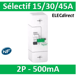 Schneider - Resi9 DB60 - Disjoncteur Branchement - 1P+N - 15/30/45A 500mA - selectif - Réf.: R9FS645