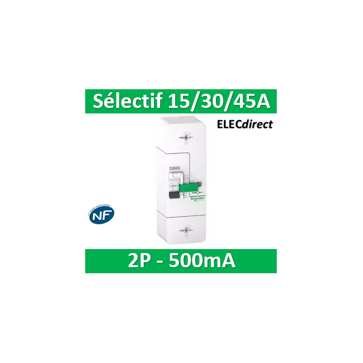 Schneider - Resi9 DB60 - Disjoncteur Branchement - 1P+N - 15/30/45A 500mA - selectif - Réf.: R9FS645