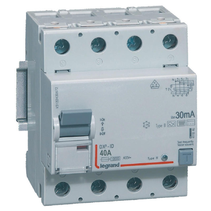 Legrand - Interrupteur différentiel DX³-ID arrivée haute et départ bas à vis - 4P 400V~ 40A typeB 30mA - 4 modules - 411846