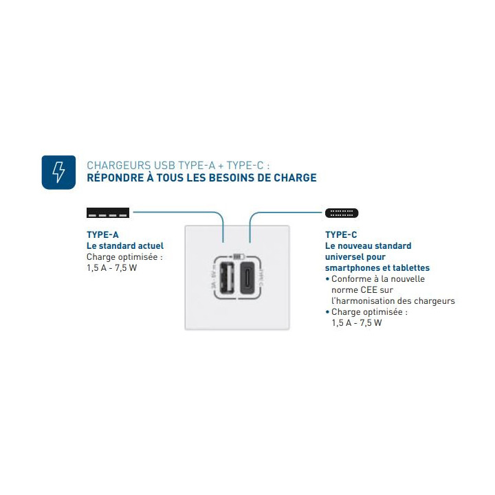 Legrand - Prise chargeur USB Type-A + Type C 3A 5V 15W - 230V - Réf : 077592