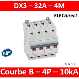 Disjoncteur DX³6000 10kA arrivée haute et départ bas à vis 4P 400V - 32A - courbe B - 4 modules - Réf : 407598