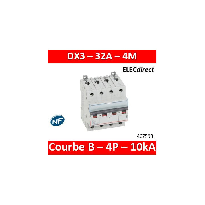 Disjoncteur DX³6000 10kA arrivée haute et départ bas à vis 4P 400V - 32A - courbe B - 4 modules - Réf : 407598