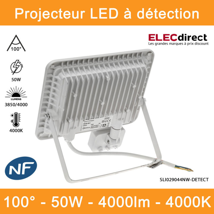 Spectrum - Projecteur LED blanc à détection - Noctis Lux 2 - 230V, 50W - 3850/4000lm, 4000K -  IP44 - Réf : SLI029044NW-DETECT