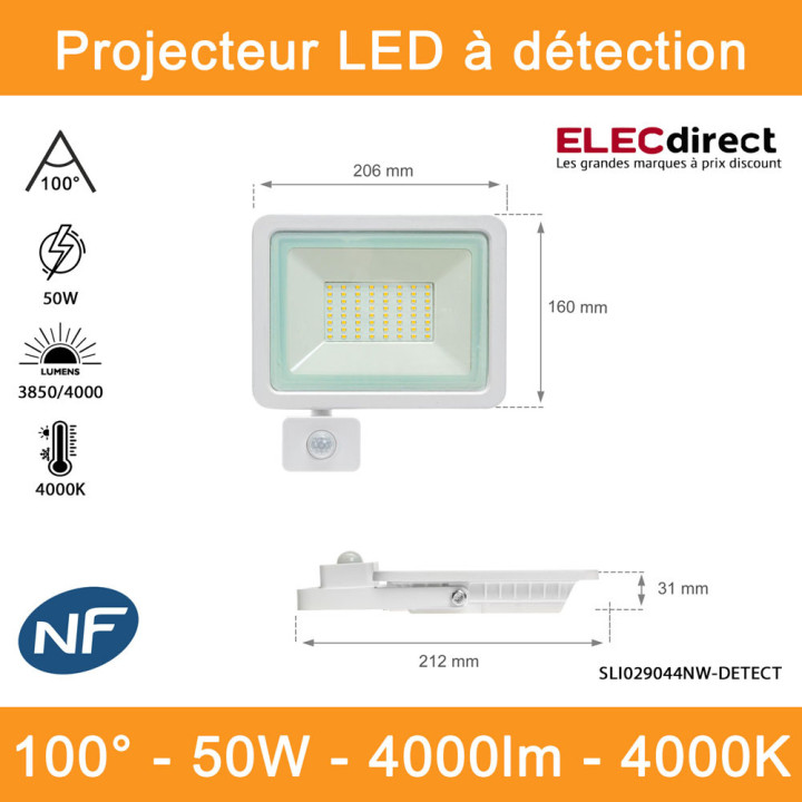 Spectrum - Projecteur LED blanc à détection - Noctis Lux 2 - 230V, 50W - 3850/4000lm, 4000K -  IP44 - Réf : SLI029044NW-DETECT